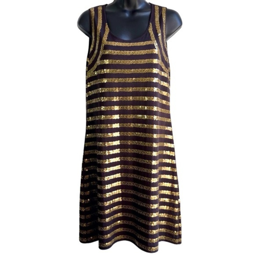 Garnet Hill SzS Brown & Gold Sequin Sleeveless Scoop Neck Mini Dress